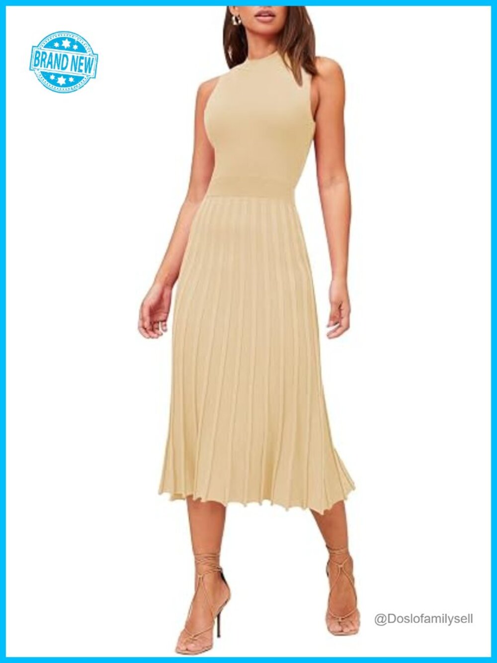 Sleeveless Midi Dress High Waisted Pleated Ribbed Knit Swing Long Dress Party